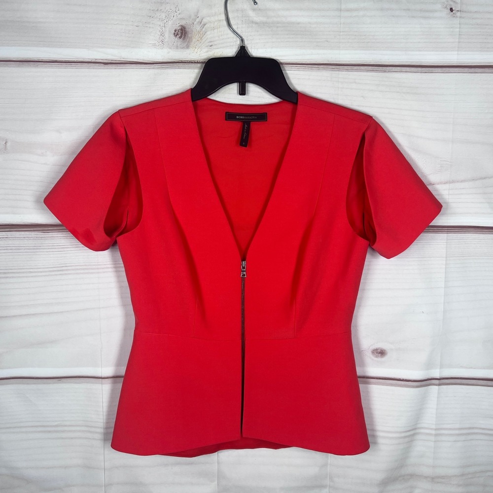 BCBGMAXAZRIA Top Womens Small Orange Zip Up V-Neck Peplum Short Sleeve Blouse